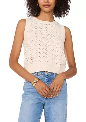 Petite Women's Sleeveless Pointelle Crew Neck Sweater