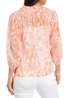 Petite Paisley Peasant Split Neck Blouse