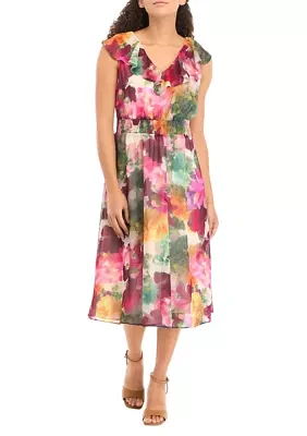 Petite V-Neck Smocked Waist Floral Midi Dress