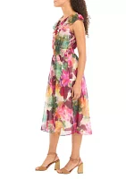 Petite V-Neck Smocked Waist Floral Midi Dress