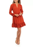 Petite Long Sleeve Split Neck Babydoll Dress