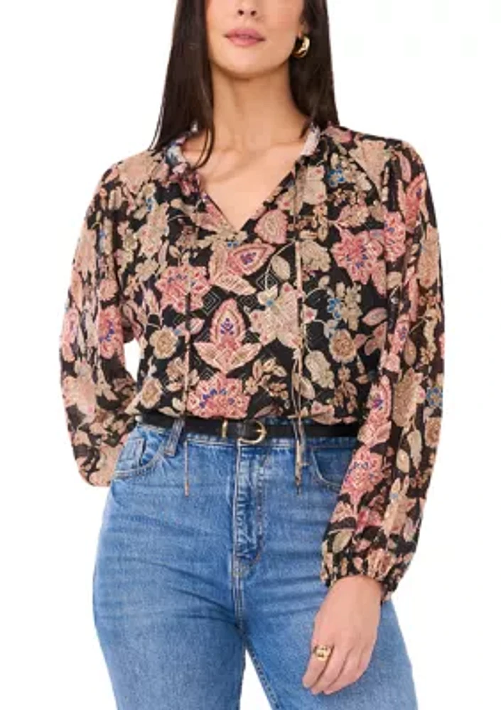 Petite Peasant Split Neck Blouse