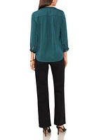 Petite V-Neck Ruffle Pleated Blouse