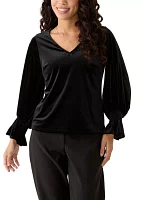 Petite Long Sleeve V-Neck Lurex Knit Blouse