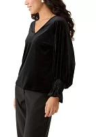 Petite Long Sleeve V-Neck Lurex Knit Blouse