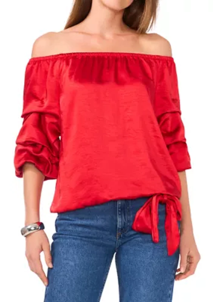 Petite Satin Cha Sleeve Off the Shoulder Top