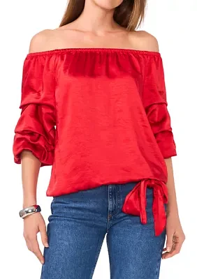 Petite Satin Cha Sleeve Off the Shoulder Top