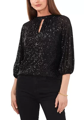 Petite 3/4 Sleeve Sequin Keyhole Top