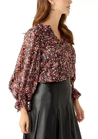 Women's Long Sleeve Split Neck Floral Blouse