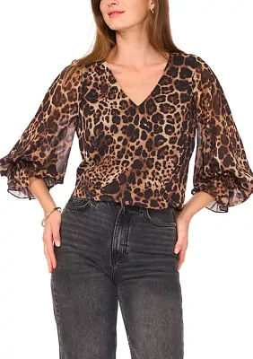 Women's 3/4 Sleeve V-Neck Leopard Print Blouse