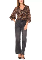 Women's 3/4 Sleeve V-Neck Leopard Print Blouse