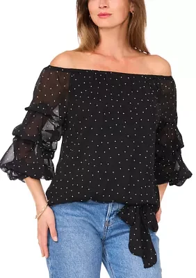 Women's Off the Shoulder Cha Sleeve Dot Print Blouse