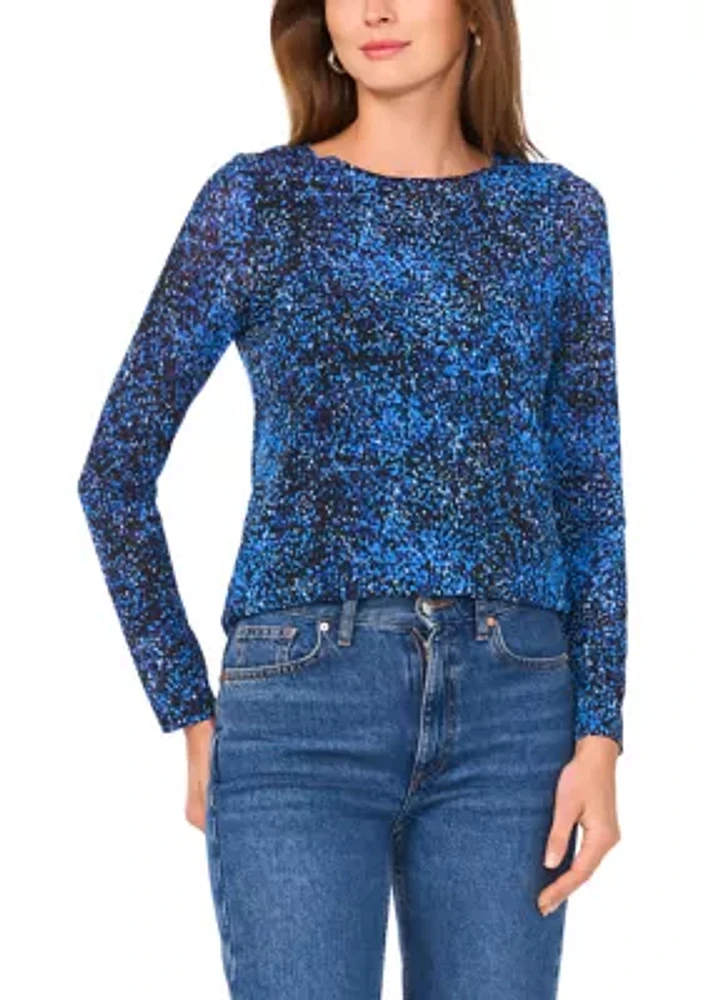 Petite Long Sleeve Printed Mesh Top