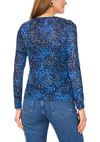 Petite Long Sleeve Printed Mesh Top