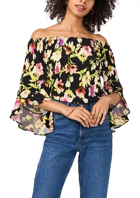 Women's Off the Shoulder Bell  Sleeve Printed Top