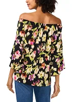 Women's Off the Shoulder Bell  Sleeve Printed Top