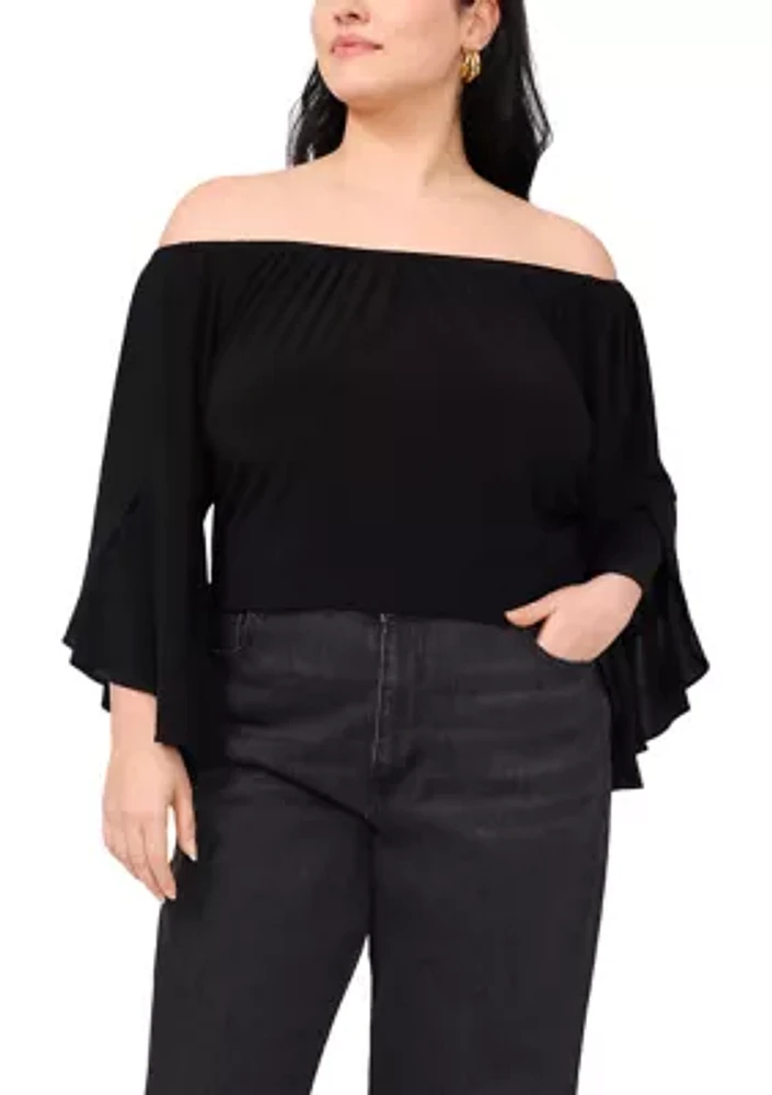 Plus Off the Shoulder Solid Ruffle Sleeve Top