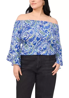 Plus Off the Shoulder Solid Ruffle Sleeve Top