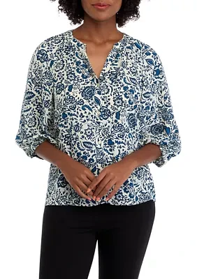 Women's 3/4 Sleeve Floral Button Front Blouse