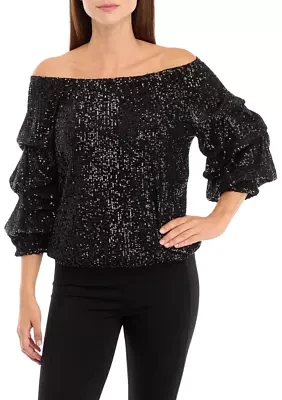 Women's Sequin Cha Sleeve Off the Shoulder Top