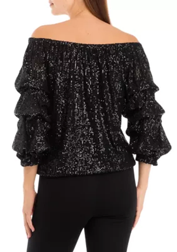 Women's Sequin Cha Sleeve Off the Shoulder Top