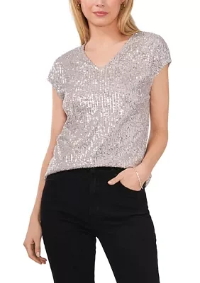 Women's Short Sleeve V-Neck Sequin T-Shirt