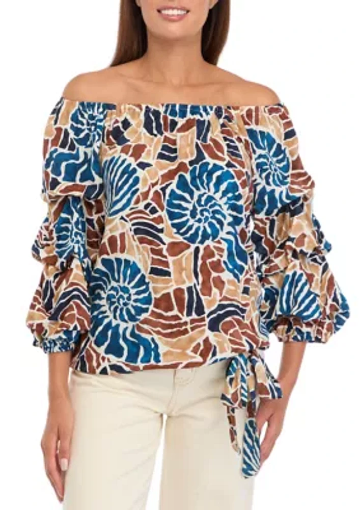 Women's Off the Shoulder Cha Sleeve Snail Print Blouse