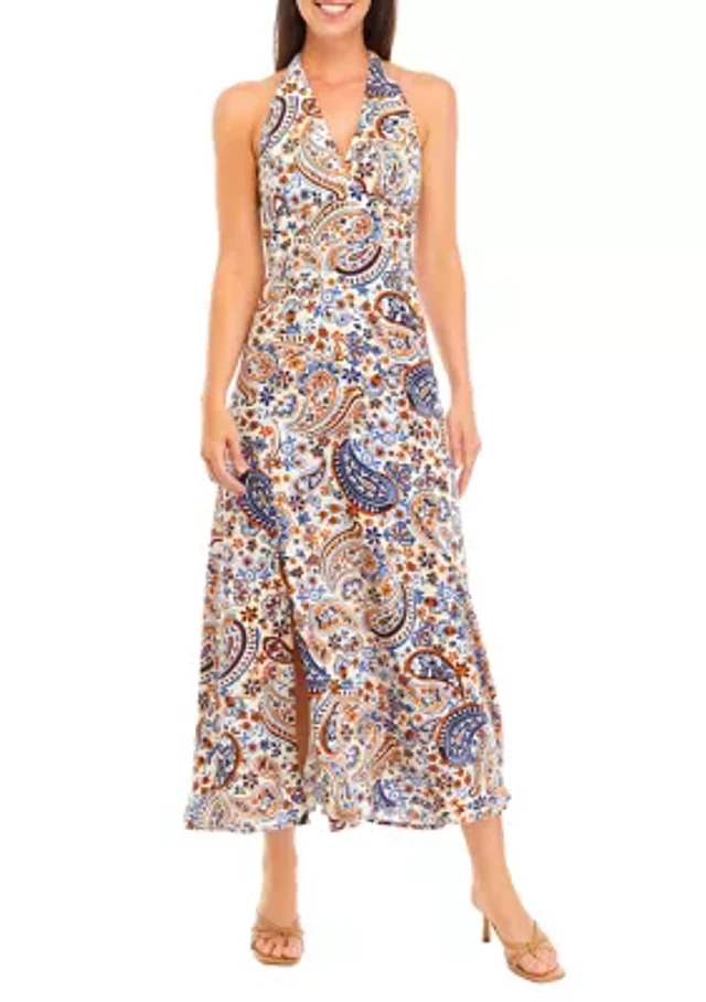 sachin and babi light blue dress Vince Camuto Women's Paisley Print Tie Back Challis Halter Dress
