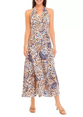 Women's Paisley Print Tie Back Challis Halter Dress