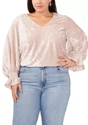 Plus Long Sleeve V-Neck Velvet Blouse