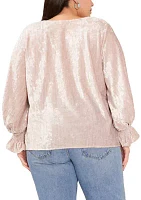 Plus Long Sleeve V-Neck Velvet Blouse