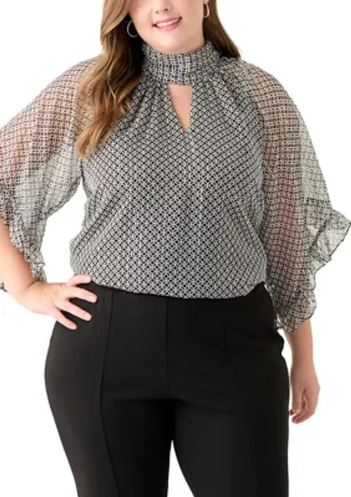 Plus 3/4 Flutter Sleeve Keyhole Blouse