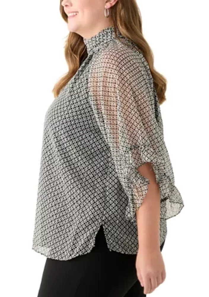 Plus 3/4 Flutter Sleeve Keyhole Blouse