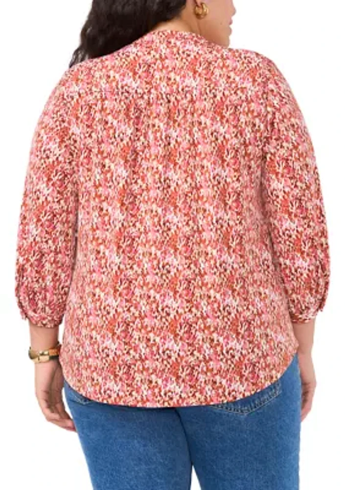 Plus Long Sleeve Split Neck Rumple Blouse