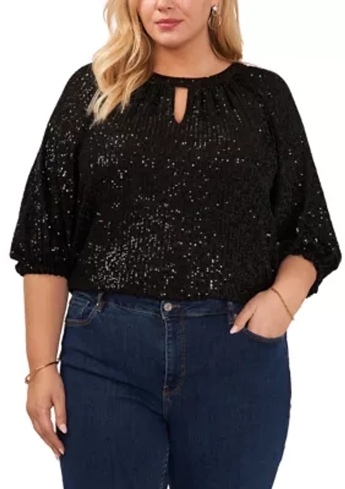 Plus Keyhole Sequin Blouse