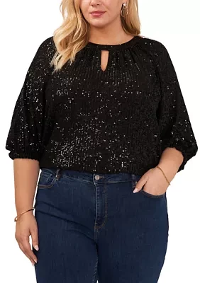 Plus Keyhole Sequin Blouse