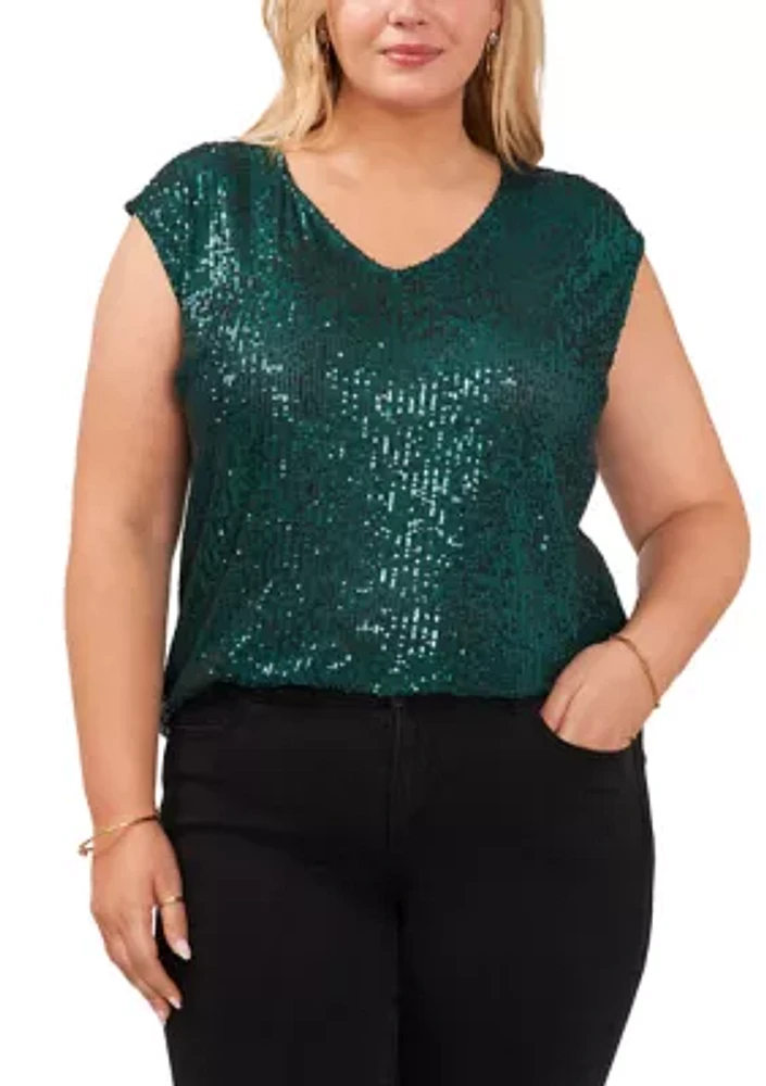 Plus Cap Sleeve Sequin V-Neck Top