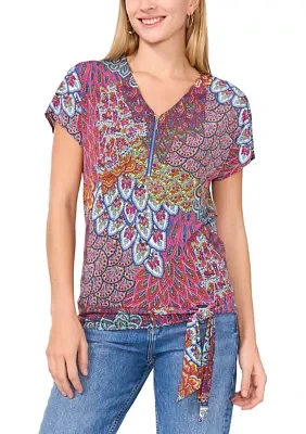 Women's Short Sleeve Zip Front Tie Hem Top