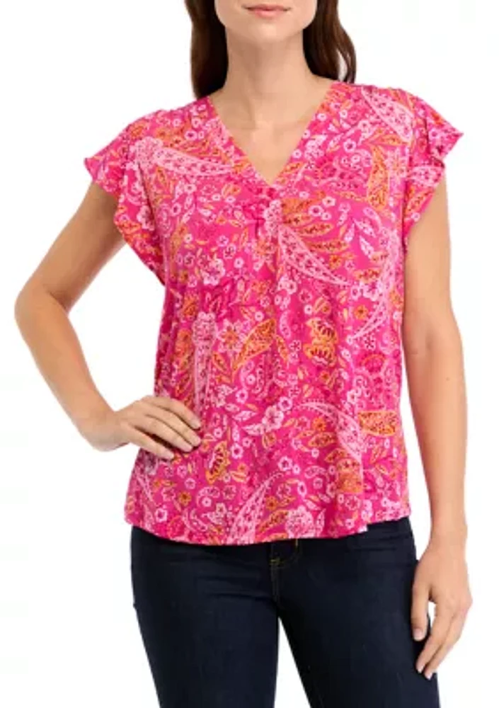 Women's V-Neck Flutter Sleeve Top