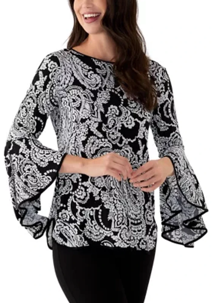 Women's Long Contrast Bell Sleeve Blouse