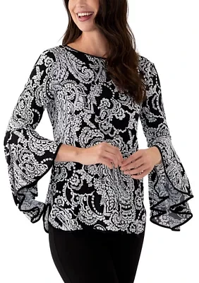 Women's Long Contrast Bell Sleeve Blouse