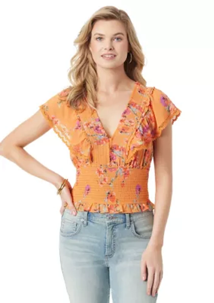 Women's Ruffle Printed Smock Waist Blouse