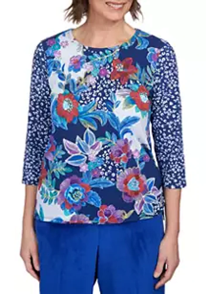 Alfred Dunner Women's Classics Batik Floral Patch Top