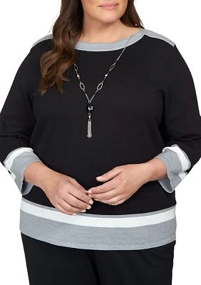 Plus Border Stripe Sweater with Detachable Necklace