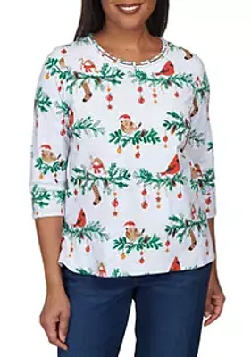 Alfred Dunner Petite Birds on Branch Knit Top