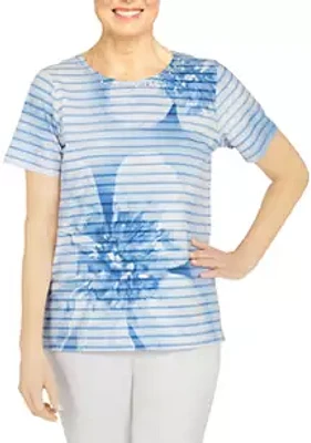 Alfred Dunner Women's Floral Striped Tie Dye T-Shirt