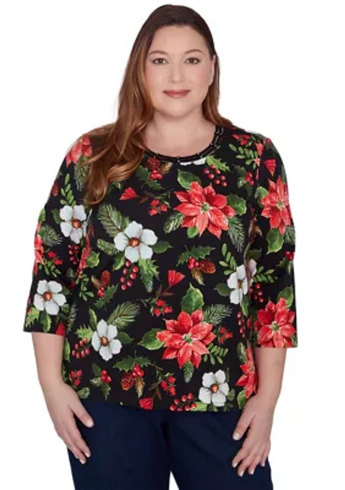 Plus Classic Poinsettia Printed Top