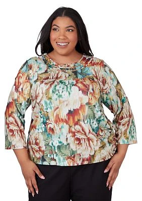 Plus Classics Ikat Floral Printed Top