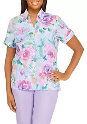 Alfred Dunner Women's Watercolor Floral Button Down Top