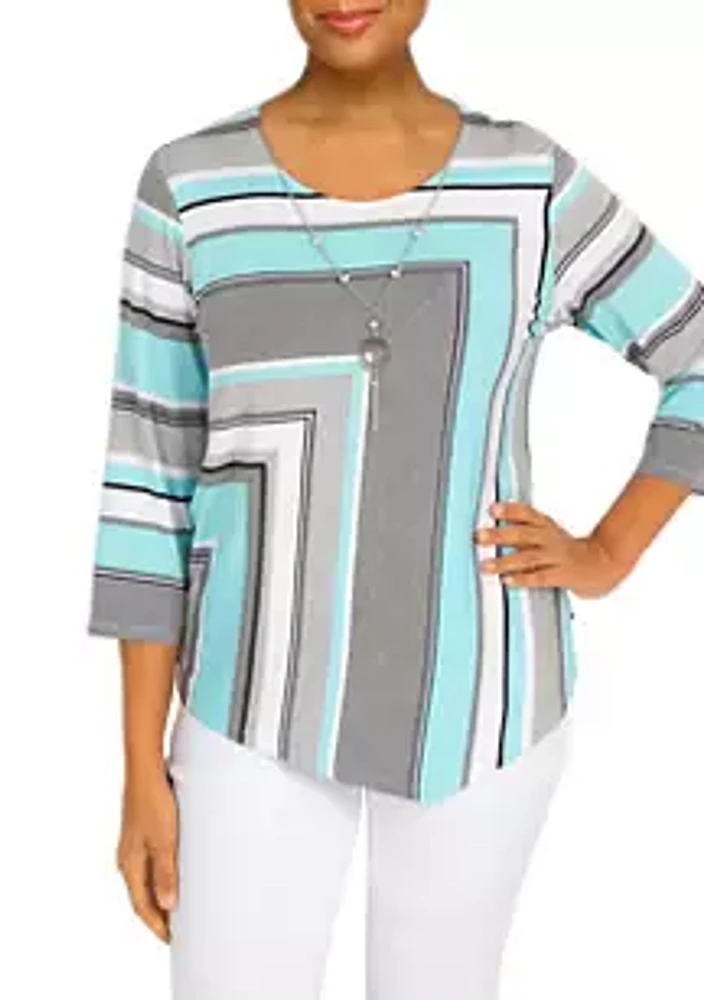 Alfred Dunner Women's 3/4 Sleeve Spliced Stripe Top